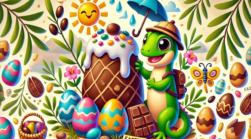 Ritratto artistico di Pasqua con Geko uova, olive, sole e pioggia