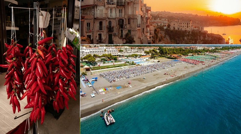 Veduta di Scalea con spiaggia del Santa Caterina Village e dettagli del Festival del Peperoncino, settembre 2025.