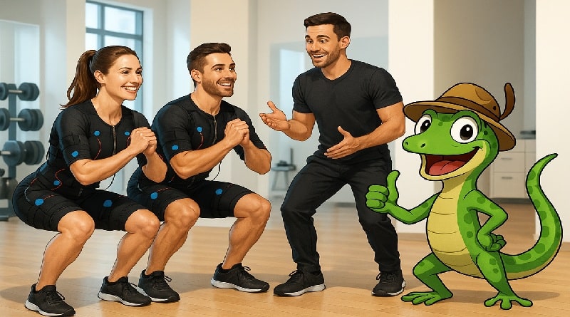 Coppia che si allena con tute EMS in una palestra moderna, guidata da un trainer, con la mascotte Geco Gaudenzio che incoraggia l’allenamento in modo divertente