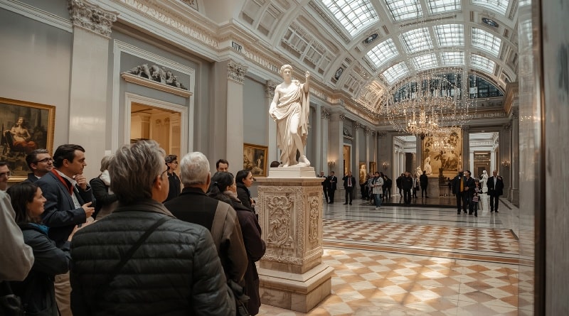 Visita guidata alla Galleria d’Arte Moderna di Milano con gruppo di partecipanti davanti a una scultura neoclassica nella Villa Reale