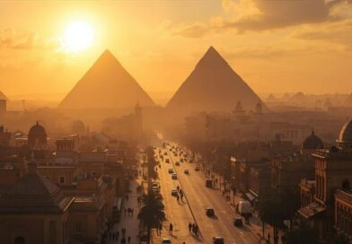 Panorama del Cairo al tramonto con le Piramidi di Giza sullo sfondo, ideale per un weekend di Natale e Capodanno tra storia e mistero
