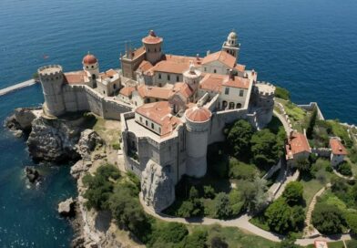 Veduta aerea del Castello Aragonese di Ischia, monumento storico affacciato sul mare e collegato all’isola da un ponte