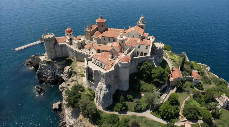 Veduta aerea del Castello Aragonese di Ischia, monumento storico affacciato sul mare e collegato all’isola da un ponte