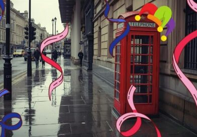 Cabina telefonica rossa a Londra decorata con coriandoli, simbolo del viaggio Carnevale Londra tra festa, colori e atmosfera urbana.