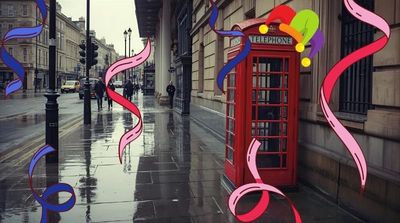 Cabina telefonica rossa a Londra decorata con coriandoli, simbolo del viaggio Carnevale Londra tra festa, colori e atmosfera urbana.