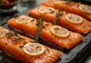 Salmone scozzese fresco disposto su ardesia, guarnito con fettine di limone e rametti di rosmarino, ideale per ricette gourmet e per il nostro gruppo d’acquisto.