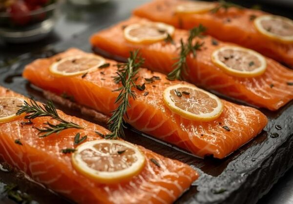 Salmone scozzese fresco disposto su ardesia, guarnito con fettine di limone e rametti di rosmarino, ideale per ricette gourmet e per il nostro gruppo d’acquisto.