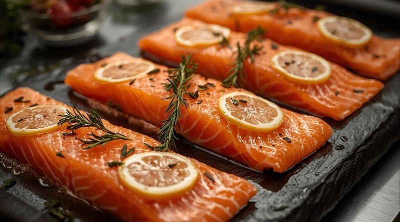 Salmone scozzese fresco disposto su ardesia, guarnito con fettine di limone e rametti di rosmarino, ideale per ricette gourmet e per il nostro gruppo d’acquisto.