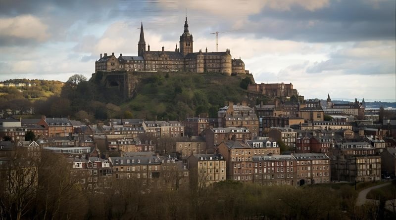Veduta panoramica del castello di Edimburgo al tramonto, perfetta atmosfera per il Capodanno 2025 in Scozia