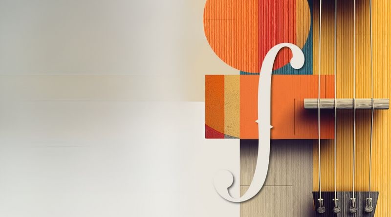 Dettaglio stilizzato di strumenti a corda con grafica astratta colorata, simbolo dei Concerti di Capodanno 2026 dell’Orchestra Sinfonica G. Rossini nelle Marche.