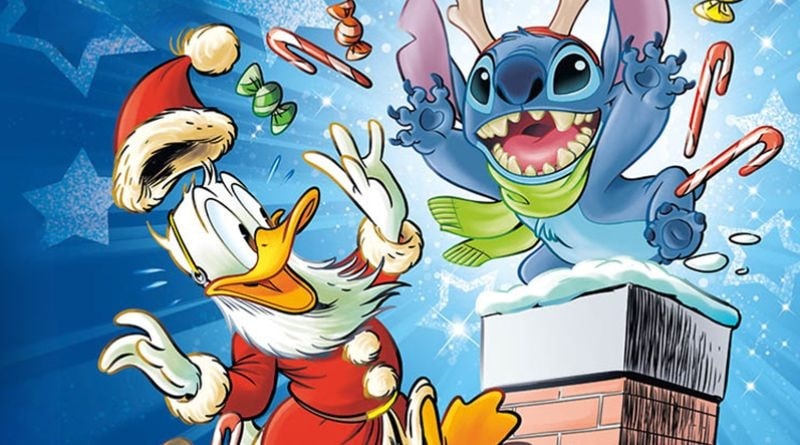 Paperino in versione Babbo Natale e Stitch festeggiano il Natale sulla copertina di Topolino 3656, tra dolci e colori festivi.