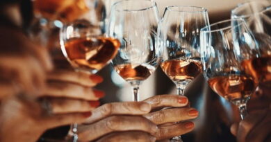Brindisi con calici di vino rosato durante una visita in cantina in Italia