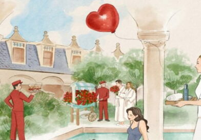 Illustrazione romantica ambientata in una spa di lusso: coppie in accappatoio tra fiori rossi, personale elegante e atmosfera rilassante, con un palloncino a forma di cuore che vola nel cielo. Ambientazione ideale per San Valentino alle Terme De Montel a Milano.