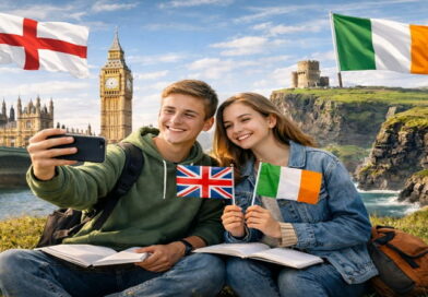 Studenti in vacanza studio 2026 a Londra e Dublino con bandiere UK e Irlanda, corso di inglese con partenza da Milano