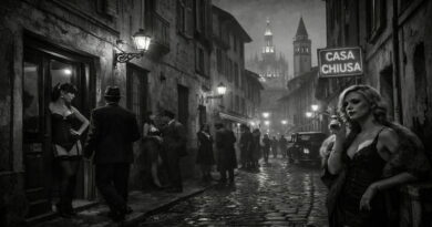 Milano della perdizione a Brera: scena notturna con bordelli storici e atmosfera d’epoca tra vie acciottolate