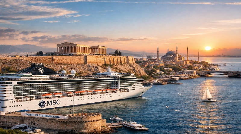 MSC Divina in crociera Grecia e Turchia 2026 da Civitavecchia con vista su Atene al tramonto