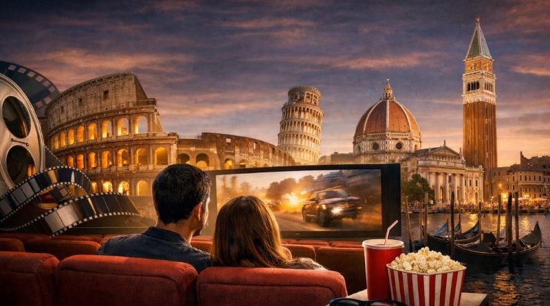 coppia al cinema con vista monumenti italiani, offerte cinema economici in italia con biglietti scontati