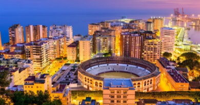 Vista panoramica di Malaga al tramonto con arena e porto, tappa del tour Andalusia da Malaga tra città e mare