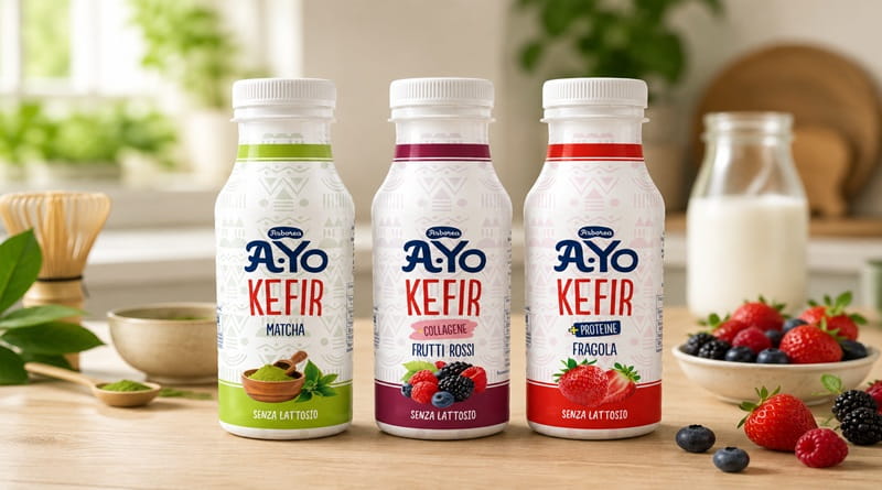 Kefir da bere Arborea A-Yo presentati a TuttoFood 2026 Milano nei gusti matcha, fragola proteica e frutti rossi con collagene.