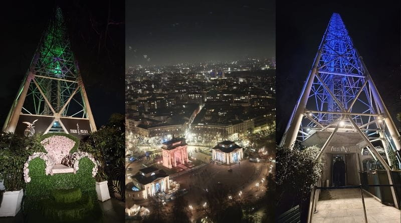 Torre Branca illuminata di sera a Milano con vista panoramica su Parco Sempione e aperitivo JustMe