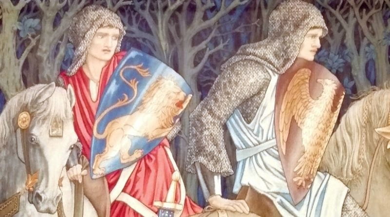 Illustrazione medievale di cavalieri nel romanzo storico Folgóre da San Gimignano di Luciana Benotto ambientato nella Toscana medievale tra poesia, Guelfi e Ghibellini