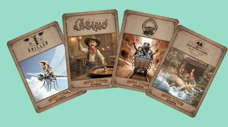 Carte tematiche delle attrazioni di Cinecittà World Roma con roller coaster, miniera, casinò e percorso acquatico.