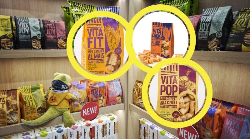 Prodotti Vitavigor esposti a Tuttofood 2026 a Milano con snack VitaFit, VitaCrock e VitaPop croccanti