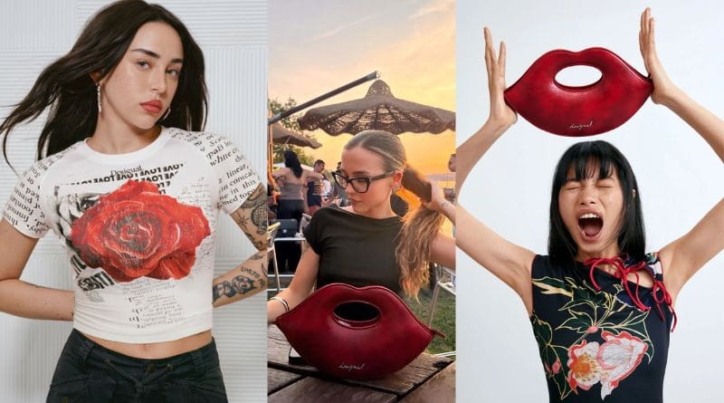 Nuova collezione Desigual Lips con borsa a forma di labbra rossa e capi moda dal design creativo e originale.