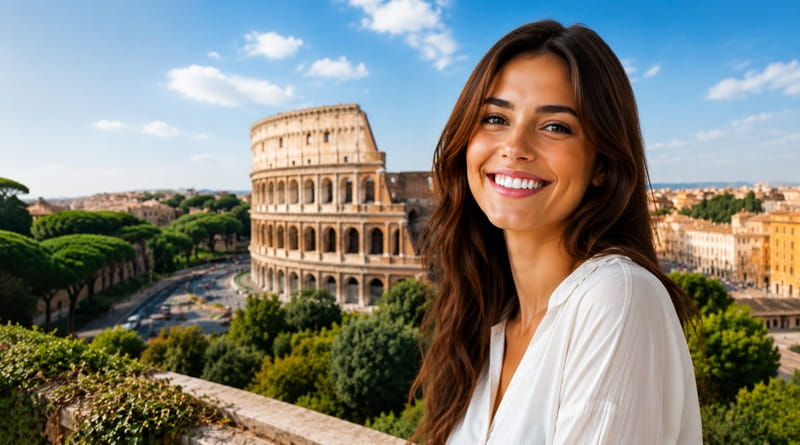 Donna sorridente con il Colosseo sullo sfondo a Roma per l'Open Day turismo dentale in Albania del 13 giugno 2026.