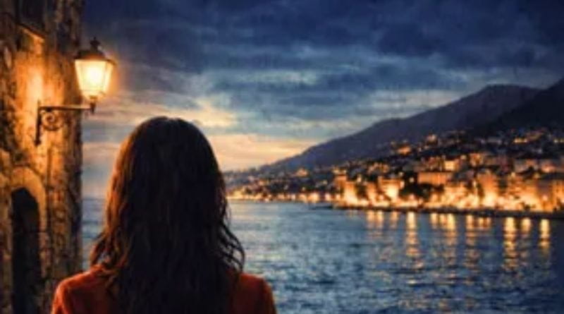 Scorcio serale della Pigna di Sanremo con vista sul mare, ambientazione del libro Pigna Investigation di Massimo Milone
