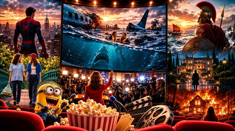 Collage cinematografico con multisala, popcorn e scene ispirate ai film in uscita a luglio nei cinema italiani. Immagine dedicata ai biglietti scontati Goditilavita per vivere il cinema in Italia.