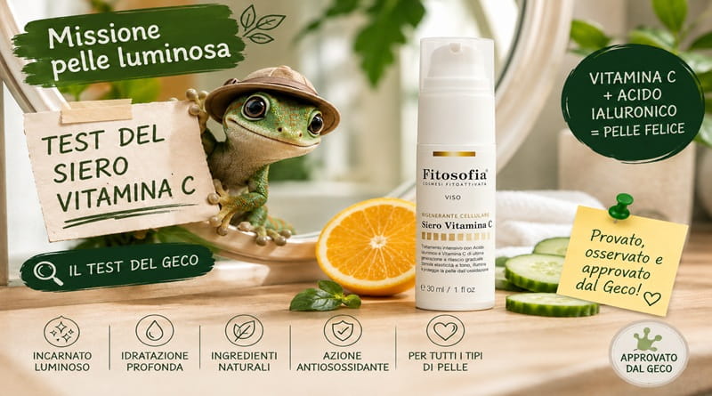 Recensione del Siero Vitamina C Fitosofia Rigenerante Cellulare con acido ialuronico: Geco Gaudenzio testa il trattamento viso per pelle luminosa, idratata e dall'azione antiossidante, con ingredienti naturali.