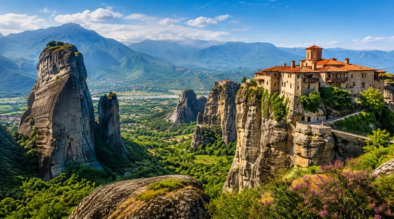 Monastero delle Meteore nella Grecia del Nord affacciato sulle spettacolari formazioni rocciose. Tappa simbolo del tour tra Salonicco, Monte Olimpo e siti UNESCO.
