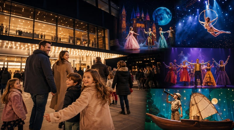 Spettacoli TAM Bambini a Milano: famiglia all’ingresso del teatro e collage di scene scenografiche con musical, acrobazie e avventure pensate per il pubblico dei più piccoli.