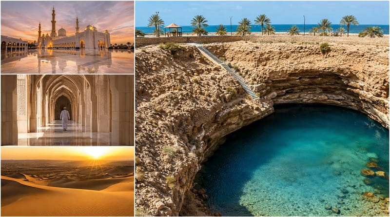 Tour Essenza dell'Oman tra Muscat, la Grande Moschea del Sultano Qaboos, il sinkhole di Bimmah e le dune del deserto di Wahiba Sands durante un viaggio guidato in Oman.