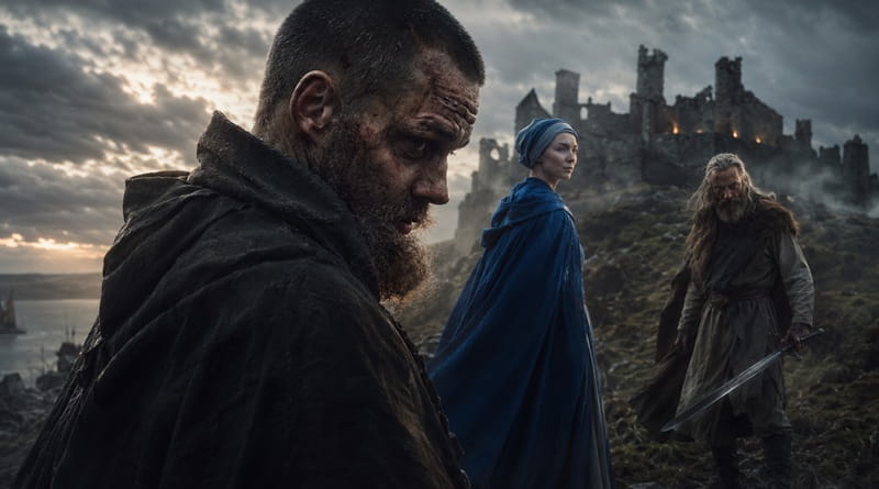 Robin Hood, una nobildonna in mantello blu e un guerriero armato davanti a un castello nel film Il prezzo del sangue.