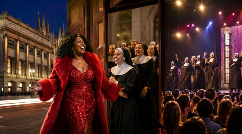 Atmosfera del musical Sister Act a Milano con cantante protagonista, coro di suore sul palco e pubblico in teatro, immagine evocativa dello spettacolo al Teatro Nazionale Italiana Assicurazioni di Milano.