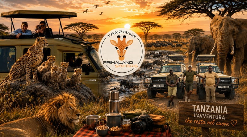 Safari in Tanzania durante il famtrip Goditilavita con Primaland Safaris: fuoristrada 4x4, guide locali, leoni, ghepardi, elefanti e la Grande Migrazione nel Parco Nazionale del Serengeti al tramonto.