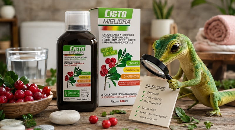 Geco Gaudenzio osserva gli ingredienti di Cisto Migliora, integratore naturale con D-mannosio, uva ursina e ononide, protagonista dell'articolo sulla cistite in menopausa e sul benessere delle vie urinarie.