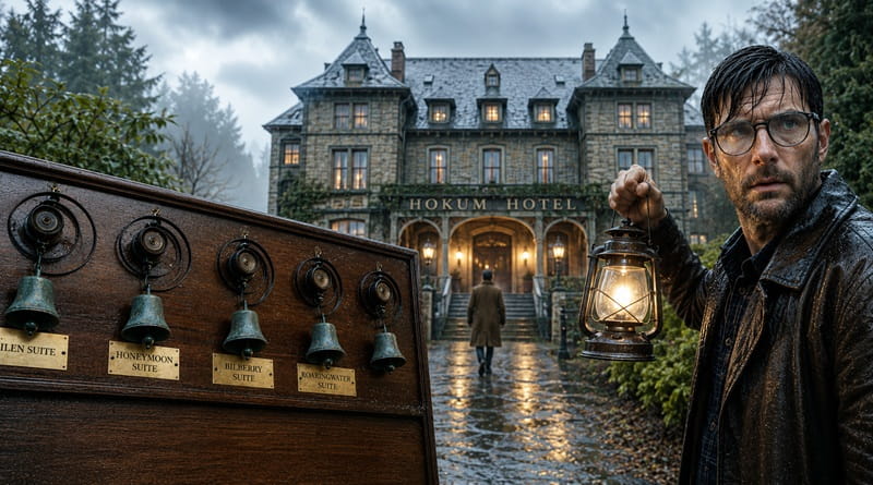 Hokum film horror ambientato in un misterioso hotel irlandese: uomo con lanterna davanti all'ingresso dell'albergo tra pioggia, nebbia e atmosfera inquietante.