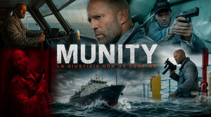 Collage del film Mutiny con Jason Statham protagonista su una nave cargo, tra scontri armati, inseguimenti e suspense nel nuovo thriller d'azione in uscita nelle sale italiane.