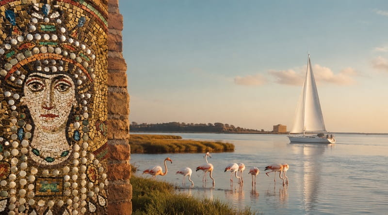 Premio nazionale DonneMare Ravenna: mosaico bizantino, fenicotteri nella laguna e barca a vela sul mare della costa ravennate.