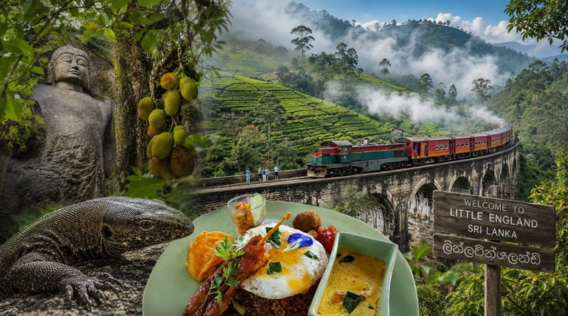 Il celebre treno panoramico attraversa le piantagioni di tè tra Ella e Nuwara Eliya nello Sri Lanka, in un collage che racconta la Piccola Inghilterra, la cucina locale, la natura tropicale e i paesaggi montani dell'isola.