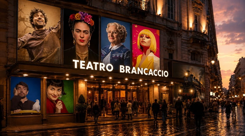 Teatro Brancaccio Roma nuova stagione con collage realistico degli spettacoli in cartellone e pubblico all’ingresso serale