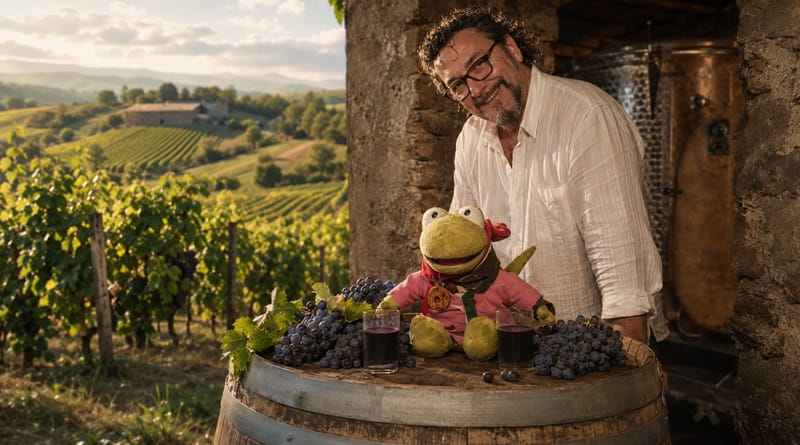 Geco Gaudenzio sulla botte con il patron della vigna, uva e filari a Bagnaria nell’Oltrepò Pavese.