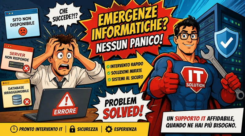 Emergenze informatiche con sito e server bloccati e tecnico IT pronto a intervenire per risolvere il problema.