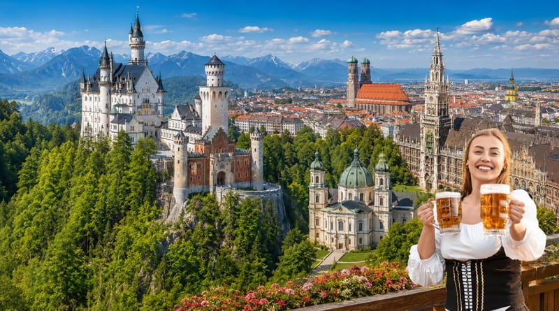 Panorama della Baviera con il Castello di Neuschwanstein, Monaco di Baviera, l’Abbazia di Ettal e una ragazza in abito tradizionale con boccali di birra.