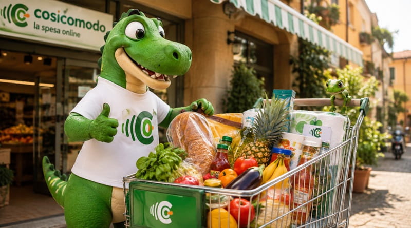Mascotte di CosìComodo con carrello pieno di spesa e Geco Gaudenzio davanti a un supermercato, immagine dedicata alla spesa online con consegna o ritiro.