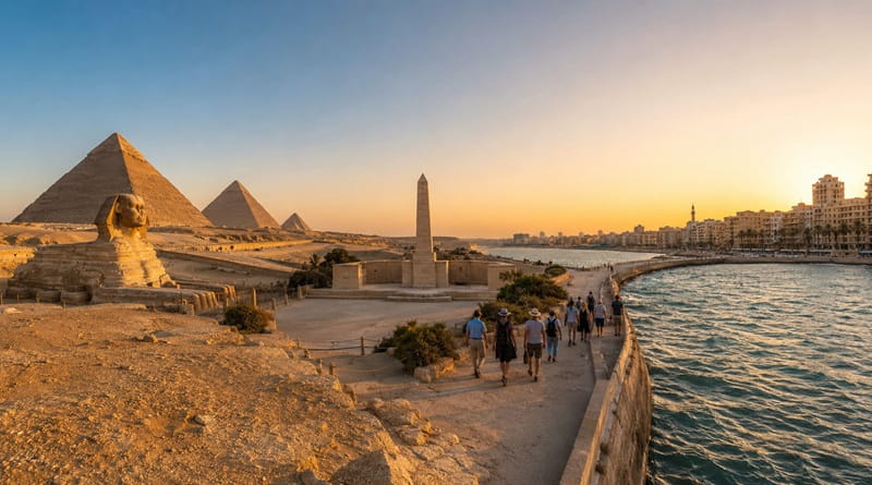 Tour accompagnato in Egitto: immagine panoramica fotorealistica con le Piramidi di Giza e la Sfinge al tramonto, un memoriale che richiama El Alamein al centro e il lungomare di Alessandria sul Mediterraneo, con piccoli gruppi di viaggiatori in cammino.