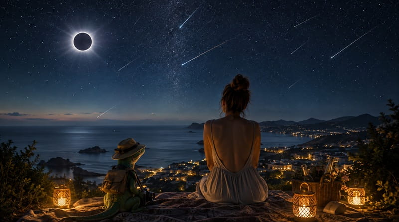 Ferragosto 2026 in Italia con Geco Gaudenzio e una donna davanti al mare, sotto le Perseidi e il richiamo a un’eclissi totale di Sole.